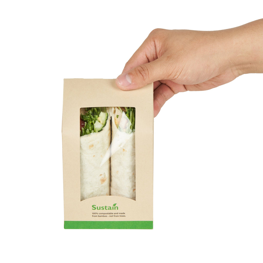 Sustain Bamboo Paper Sandwich / Wrap Take Out Container - with PLA Lining and Window, Compostable - 6" x 3 3/4" x 2" - 200 count box