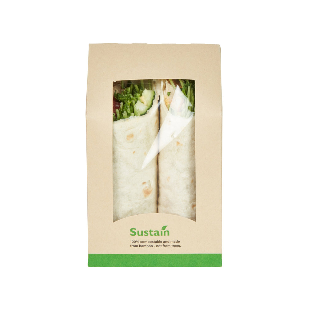 Sustain Bamboo Paper Sandwich / Wrap Take Out Container - with PLA Lining and Window, Compostable - 6" x 3 3/4" x 2" - 200 count box