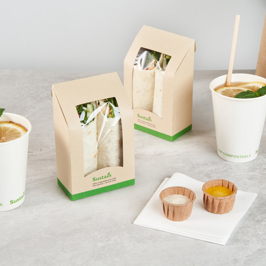 Sustain Bamboo Paper Sandwich / Wrap Take Out Container - with PLA Lining and Window, Compostable - 6" x 3 3/4" x 2" - 200 count box