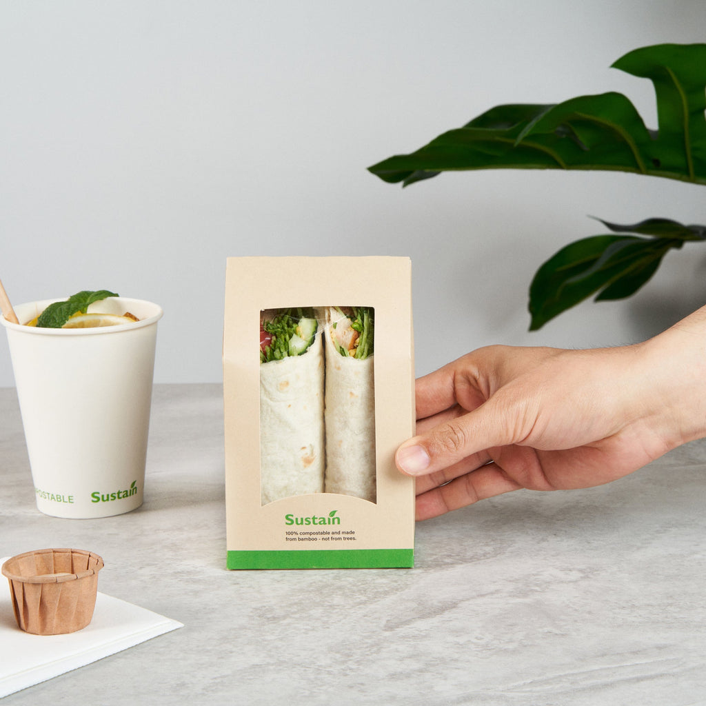 Sustain Bamboo Paper Sandwich / Wrap Take Out Container - with PLA Lining and Window, Compostable - 6" x 3 3/4" x 2" - 200 count box
