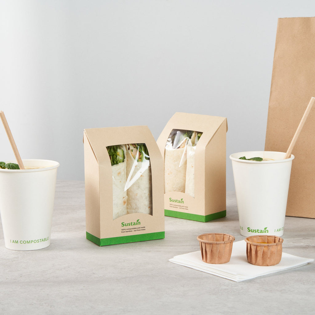 Sustain Bamboo Paper Sandwich / Wrap Take Out Container - with PLA Lining and Window, Compostable - 6" x 3 3/4" x 2" - 200 count box