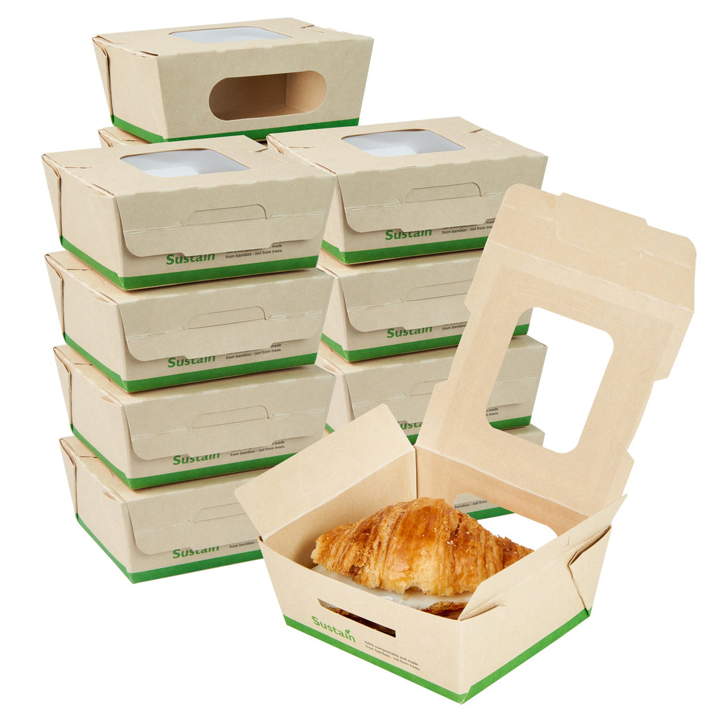 Sustain 12 oz Bamboo Paper Mini Bio Take Out Container - with PLA Lining and Windows, Compostable - 4 1/4" x 3 3/4" x 1 3/4" - 200 count box