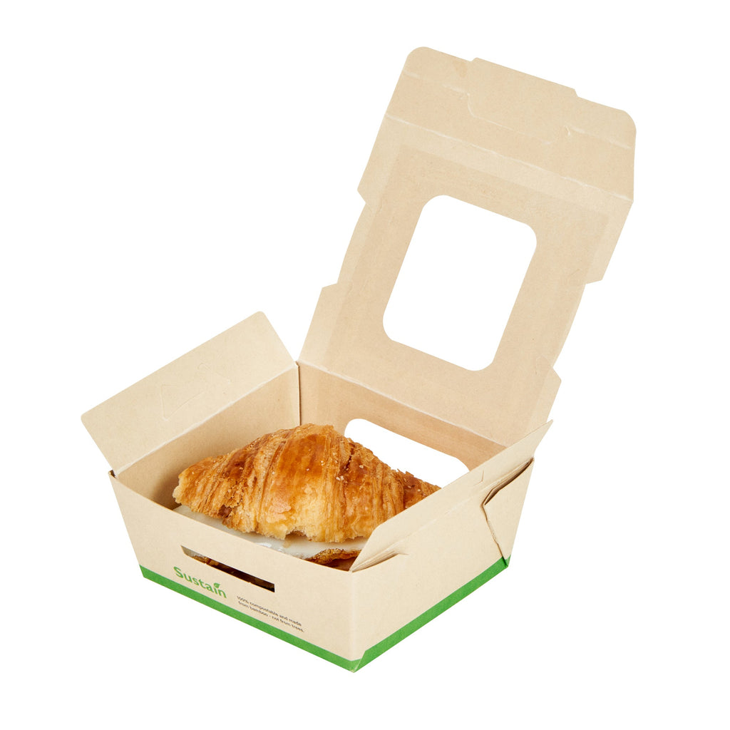 Sustain 12 oz Bamboo Paper Mini Bio Take Out Container - with PLA Lining and Windows, Compostable - 4 1/4" x 3 3/4" x 1 3/4" - 50 count box