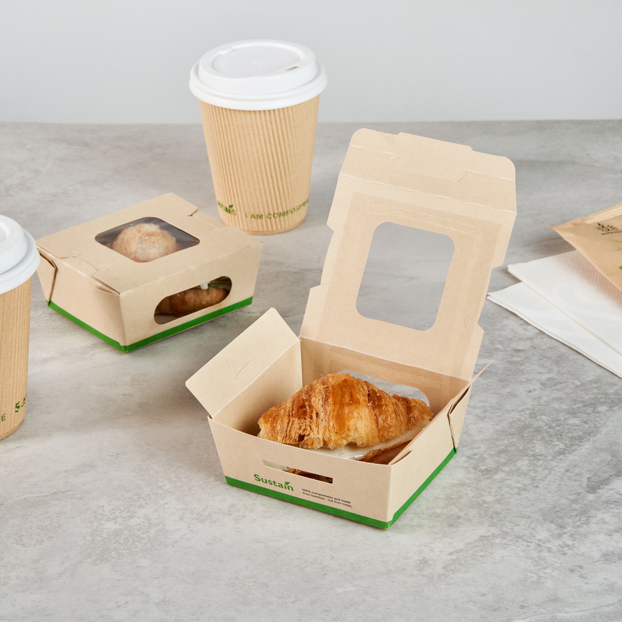 Sustain 12 oz Bamboo Paper Mini Bio Take Out Container - with PLA Lining and Windows, Compostable - 4 1/4" x 3 3/4" x 1 3/4" - 50 count box