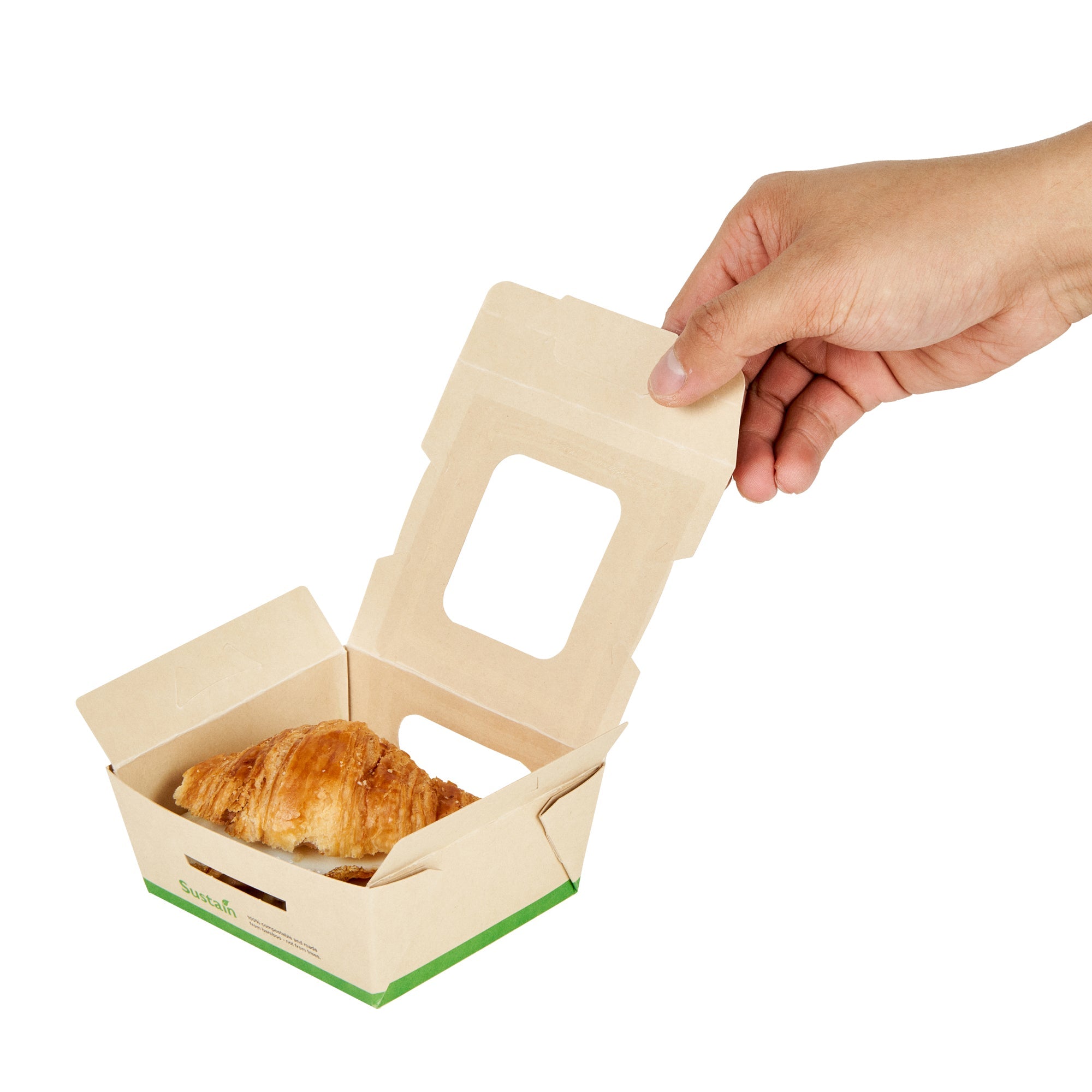 Sustain 12 oz Bamboo Paper Mini Bio Take Out Container - with PLA Lining and Windows, Compostable - 4 1/4" x 3 3/4" x 1 3/4" - 50 count box
