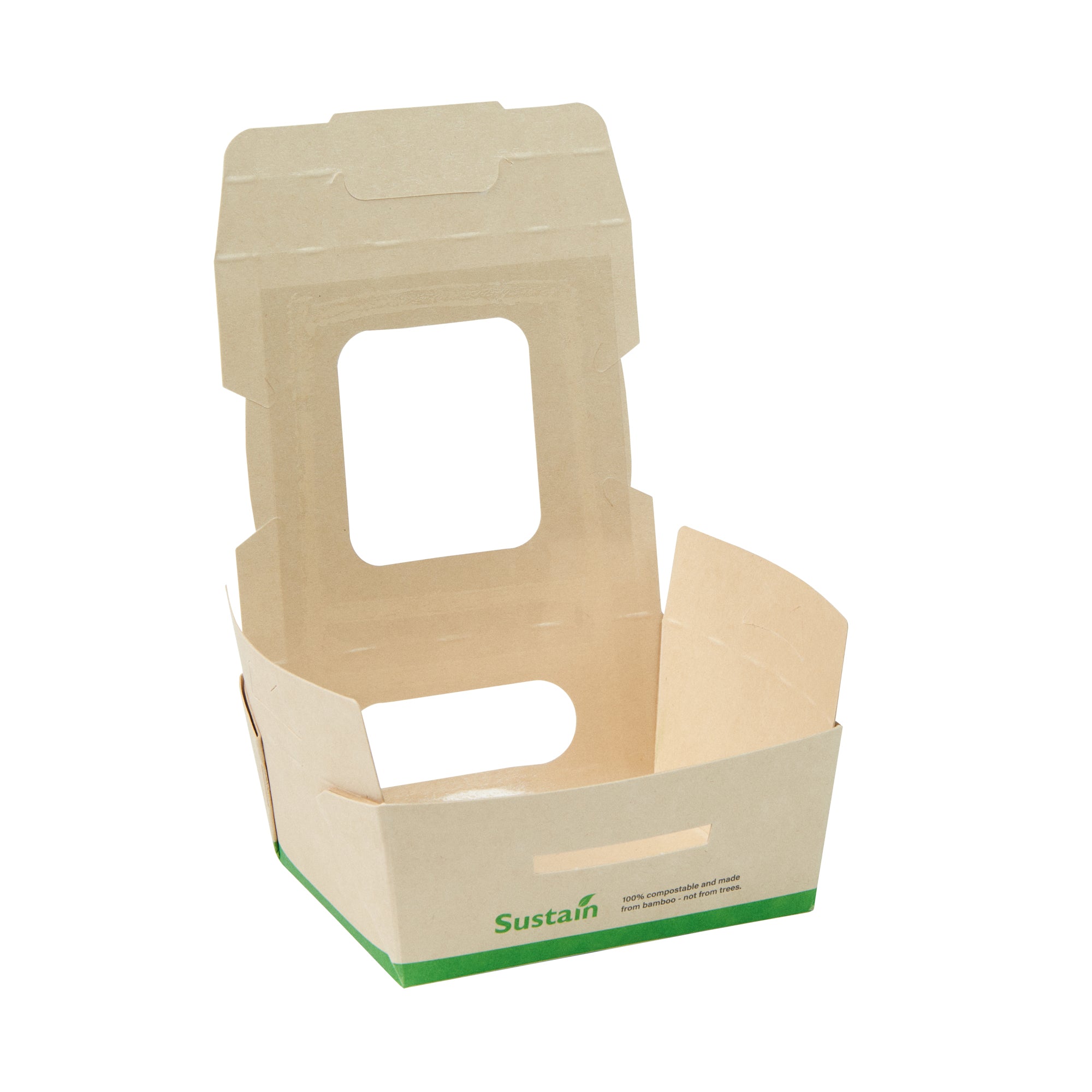 Sustain 12 oz Bamboo Paper Mini Bio Take Out Container - with PLA Lining and Windows, Compostable - 4 1/4" x 3 3/4" x 1 3/4" - 50 count box