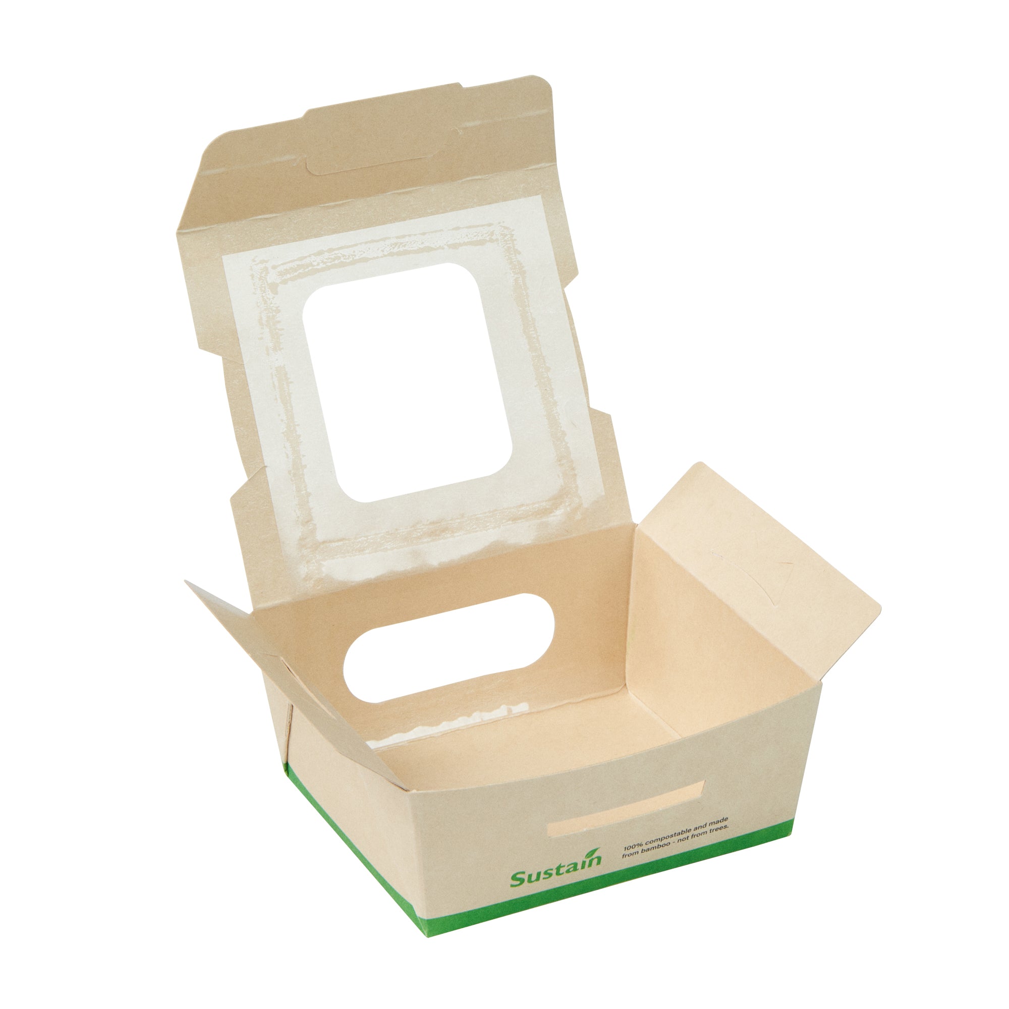 Sustain 12 oz Bamboo Paper Mini Bio Take Out Container - with PLA Lining and Windows, Compostable - 4 1/4" x 3 3/4" x 1 3/4" - 50 count box