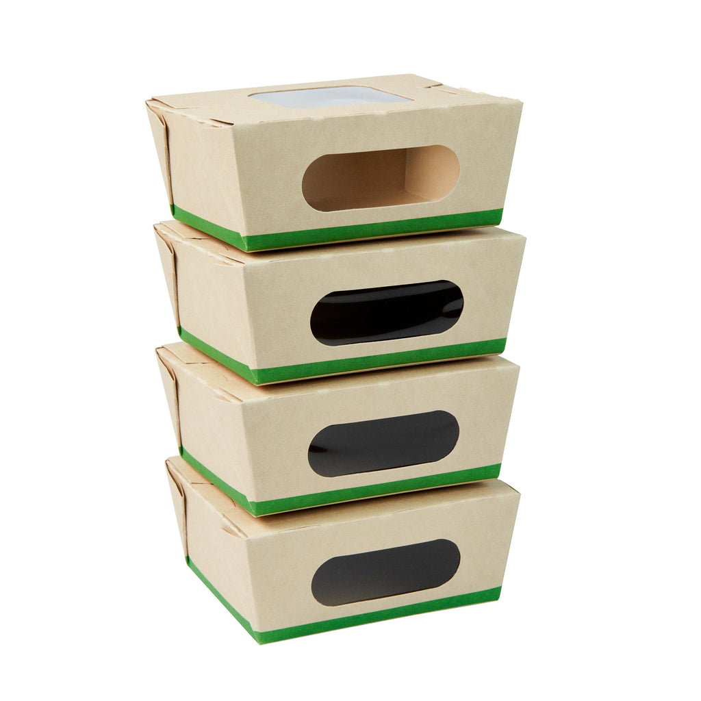 Sustain 12 oz Bamboo Paper Mini Bio Take Out Container - with PLA Lining and Windows, Compostable - 4 1/4" x 3 3/4" x 1 3/4" - 50 count box