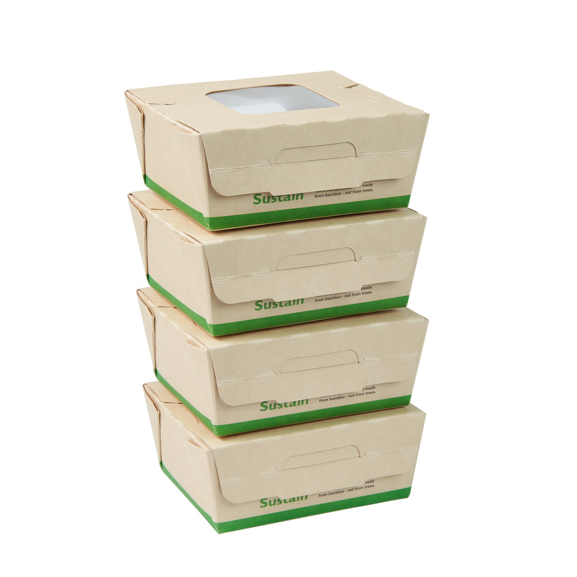Sustain 12 oz Bamboo Paper Mini Bio Take Out Container - with PLA Lining and Windows, Compostable - 4 1/4" x 3 3/4" x 1 3/4" - 50 count box
