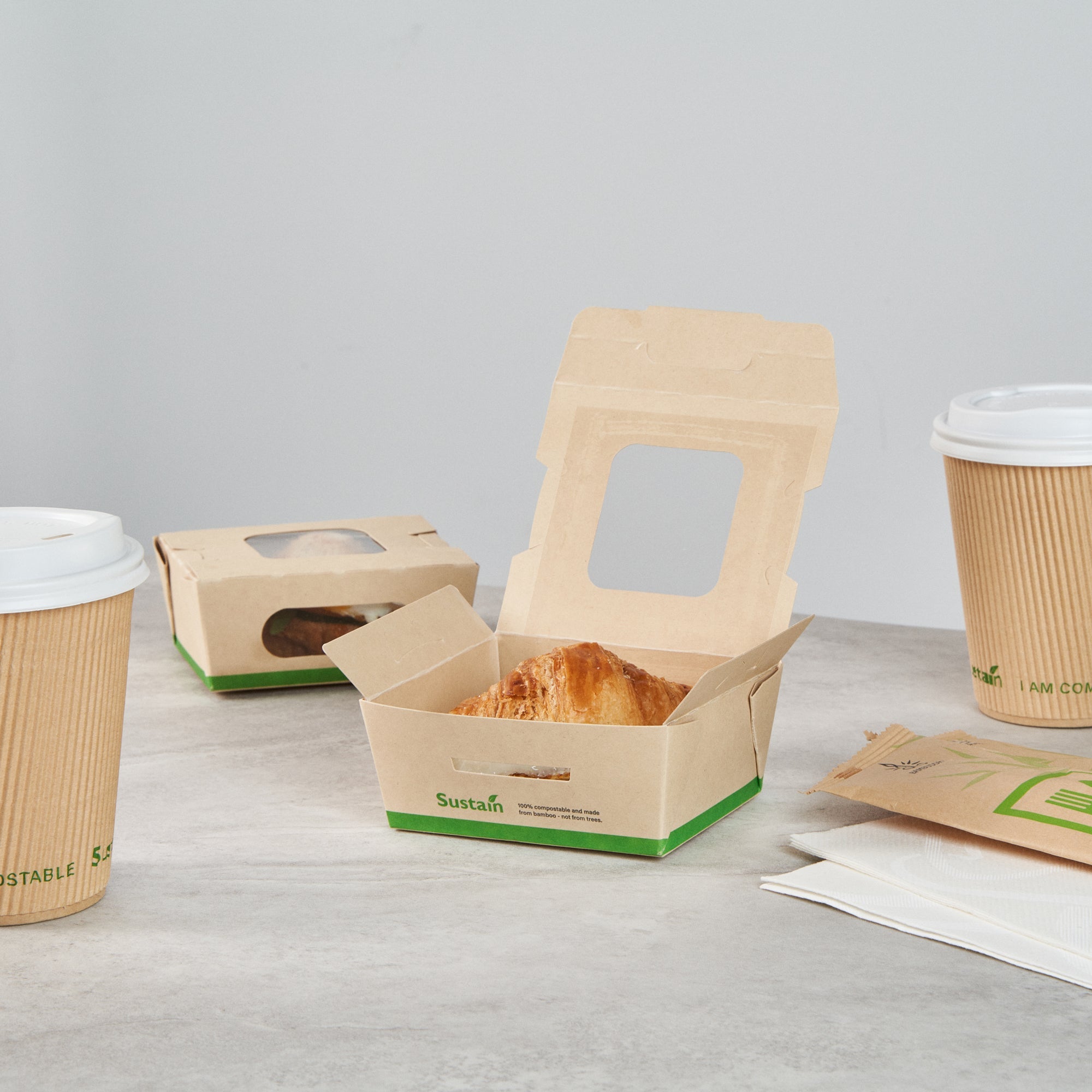 Sustain 12 oz Bamboo Paper Mini Bio Take Out Container - with PLA Lining and Windows, Compostable - 4 1/4" x 3 3/4" x 1 3/4" - 50 count box