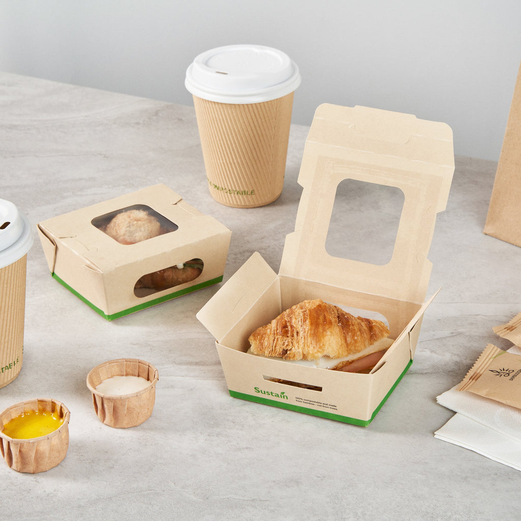 Sustain 12 oz Bamboo Paper Mini Bio Take Out Container - with PLA Lining and Windows, Compostable - 4 1/4" x 3 3/4" x 1 3/4" - 50 count box