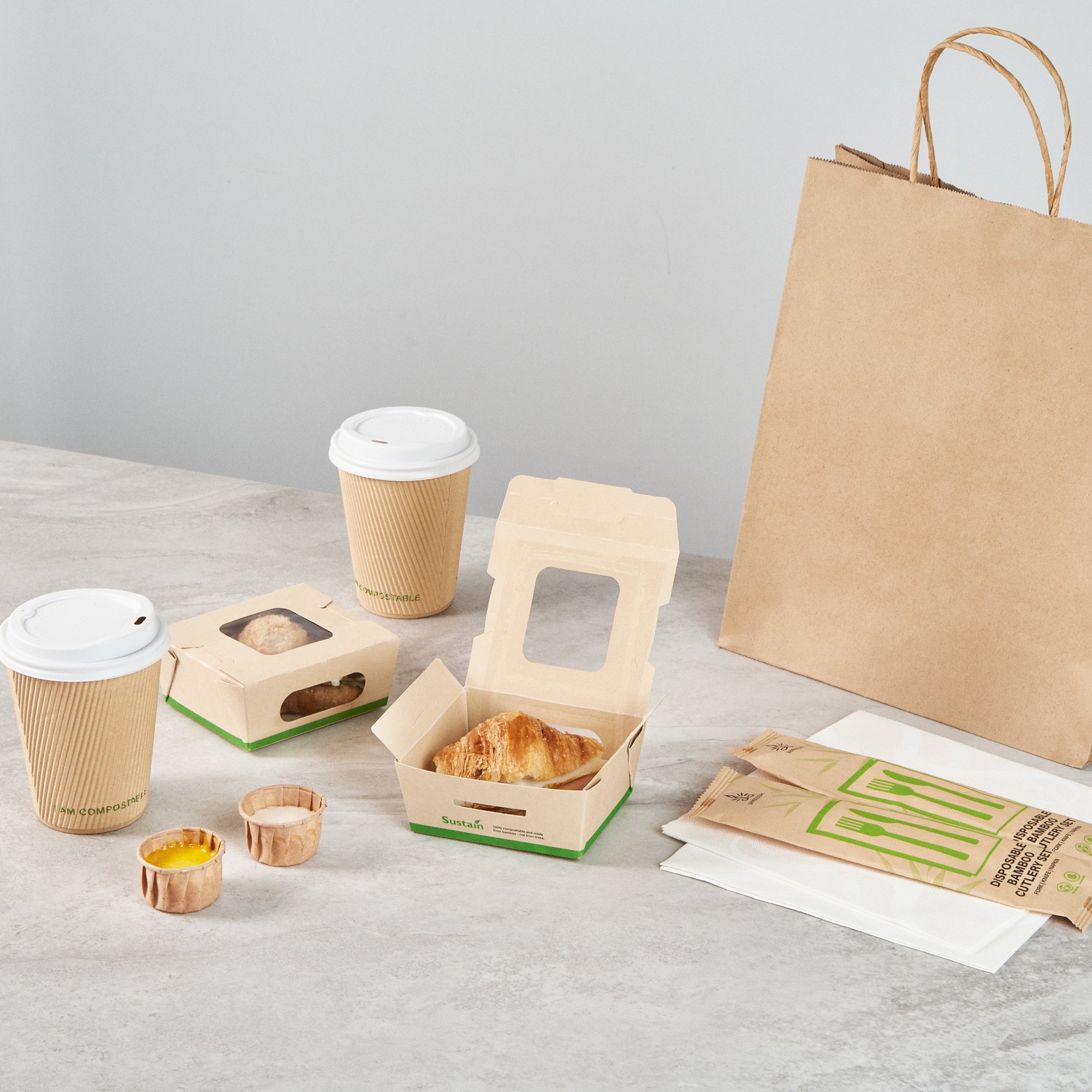 Sustain 12 oz Bamboo Paper Mini Bio Take Out Container - with PLA Lining and Windows, Compostable - 4 1/4" x 3 3/4" x 1 3/4" - 50 count box