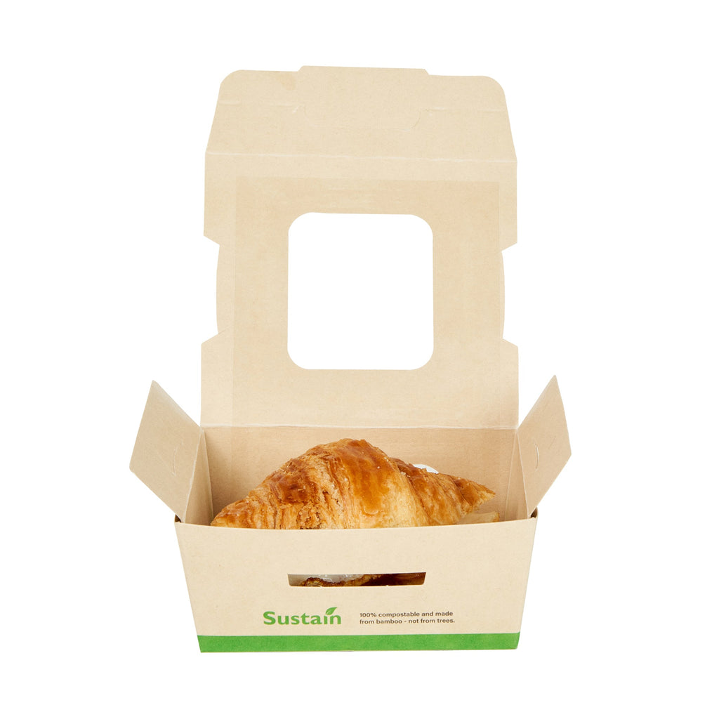 Sustain 12 oz Bamboo Paper Mini Bio Take Out Container - with PLA Lining and Windows, Compostable - 4 1/4" x 3 3/4" x 1 3/4" - 200 count box