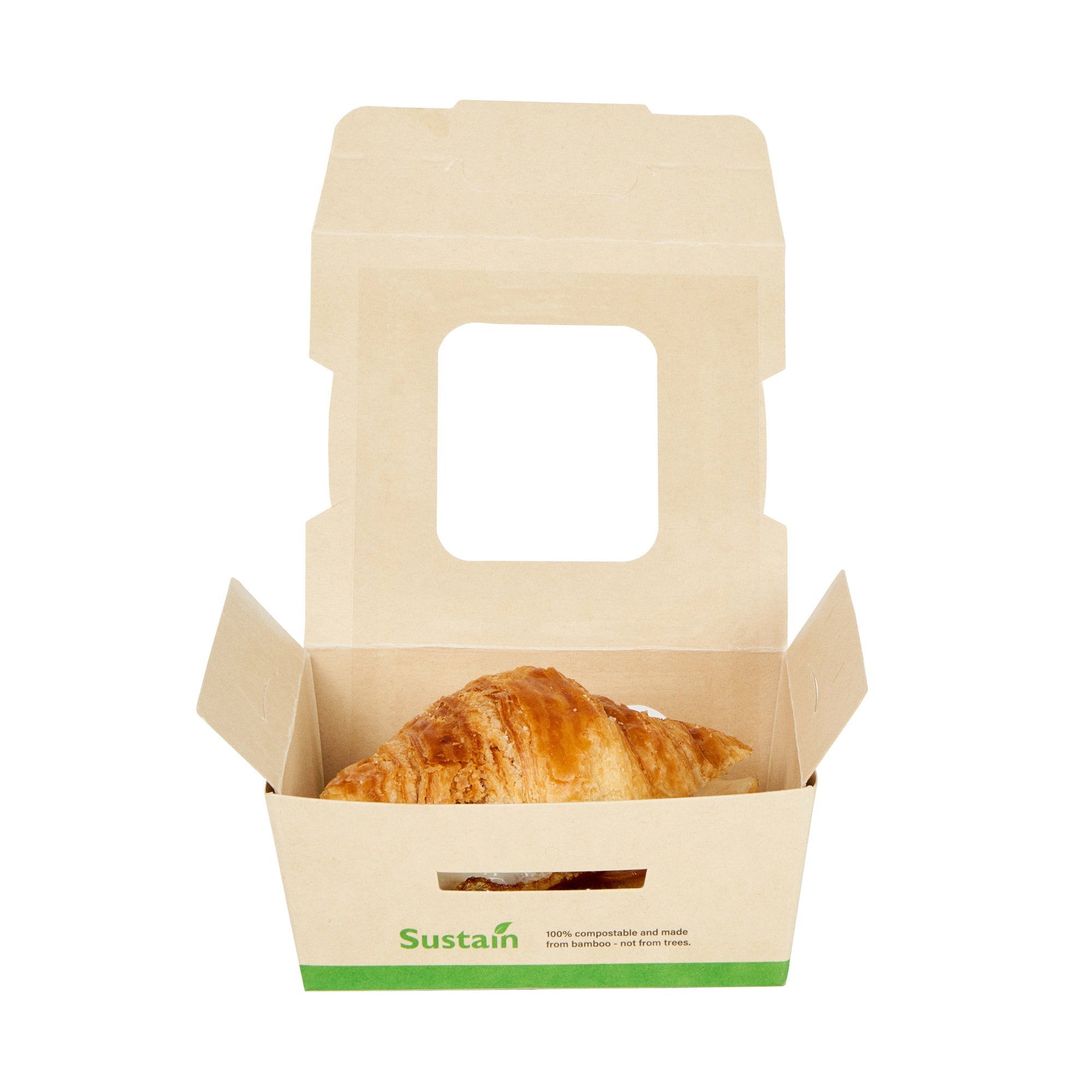 Sustain 12 oz Bamboo Paper Mini Bio Take Out Container - with PLA Lining and Windows, Compostable - 4 1/4" x 3 3/4" x 1 3/4" - 200 count box