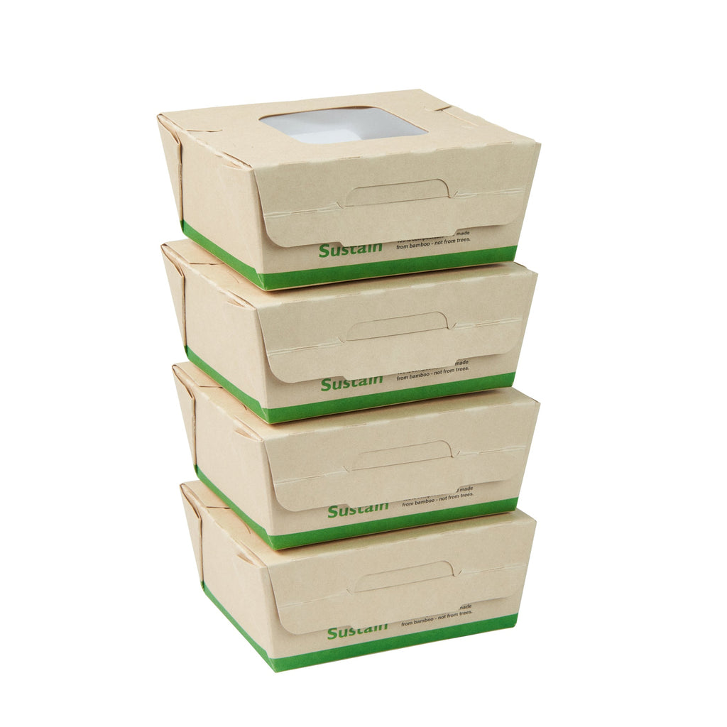 Sustain 12 oz Bamboo Paper Mini Bio Take Out Container - with PLA Lining and Windows, Compostable - 4 1/4" x 3 3/4" x 1 3/4" - 200 count box