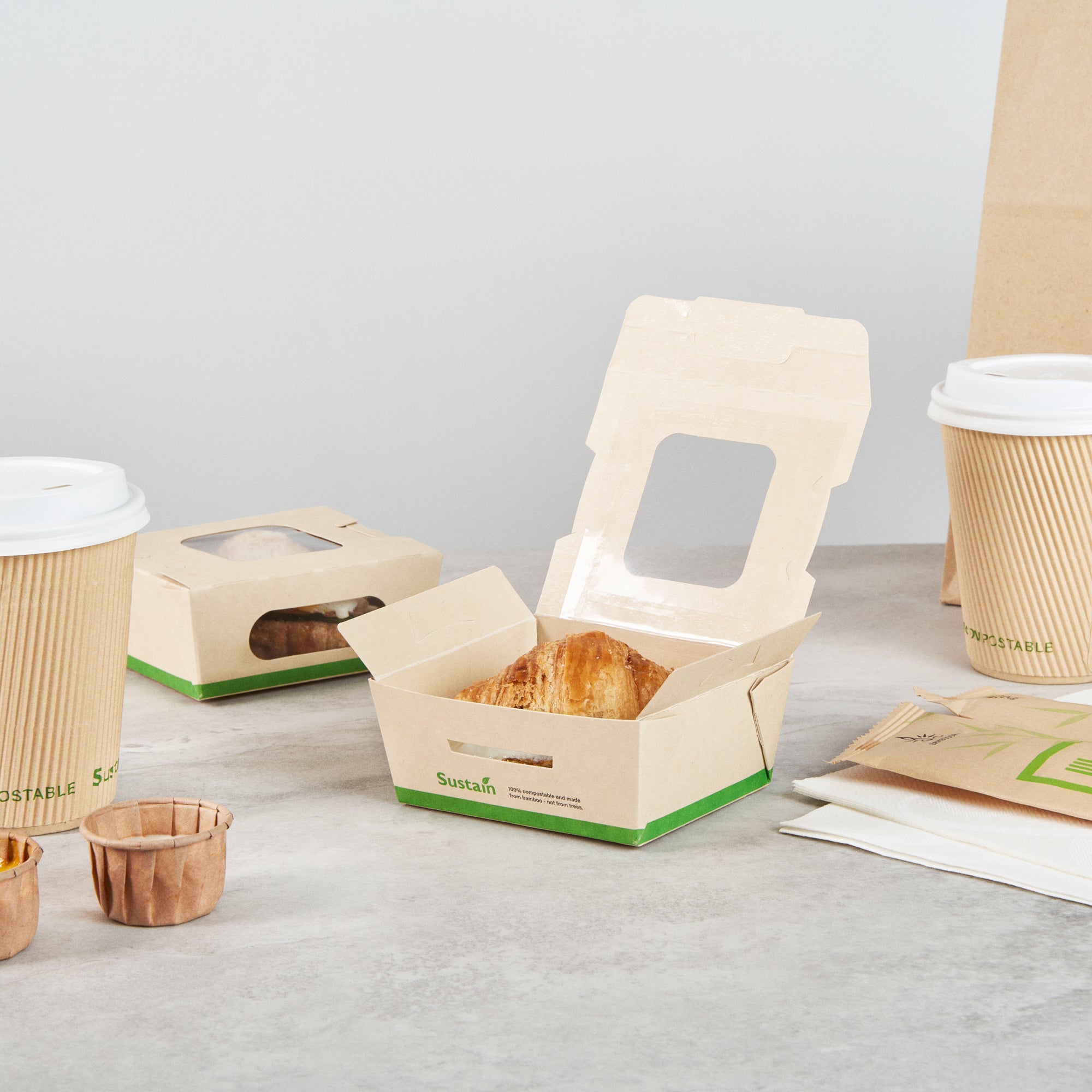 Sustain 12 oz Bamboo Paper Mini Bio Take Out Container - with PLA Lining and Windows, Compostable - 4 1/4" x 3 3/4" x 1 3/4" - 200 count box