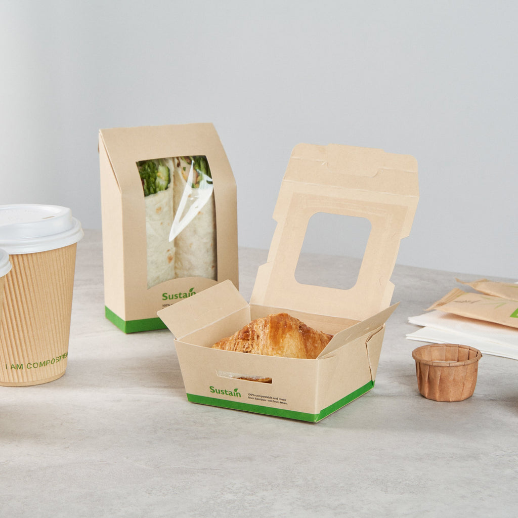 Sustain 12 oz Bamboo Paper Mini Bio Take Out Container - with PLA Lining and Windows, Compostable - 4 1/4" x 3 3/4" x 1 3/4" - 200 count box
