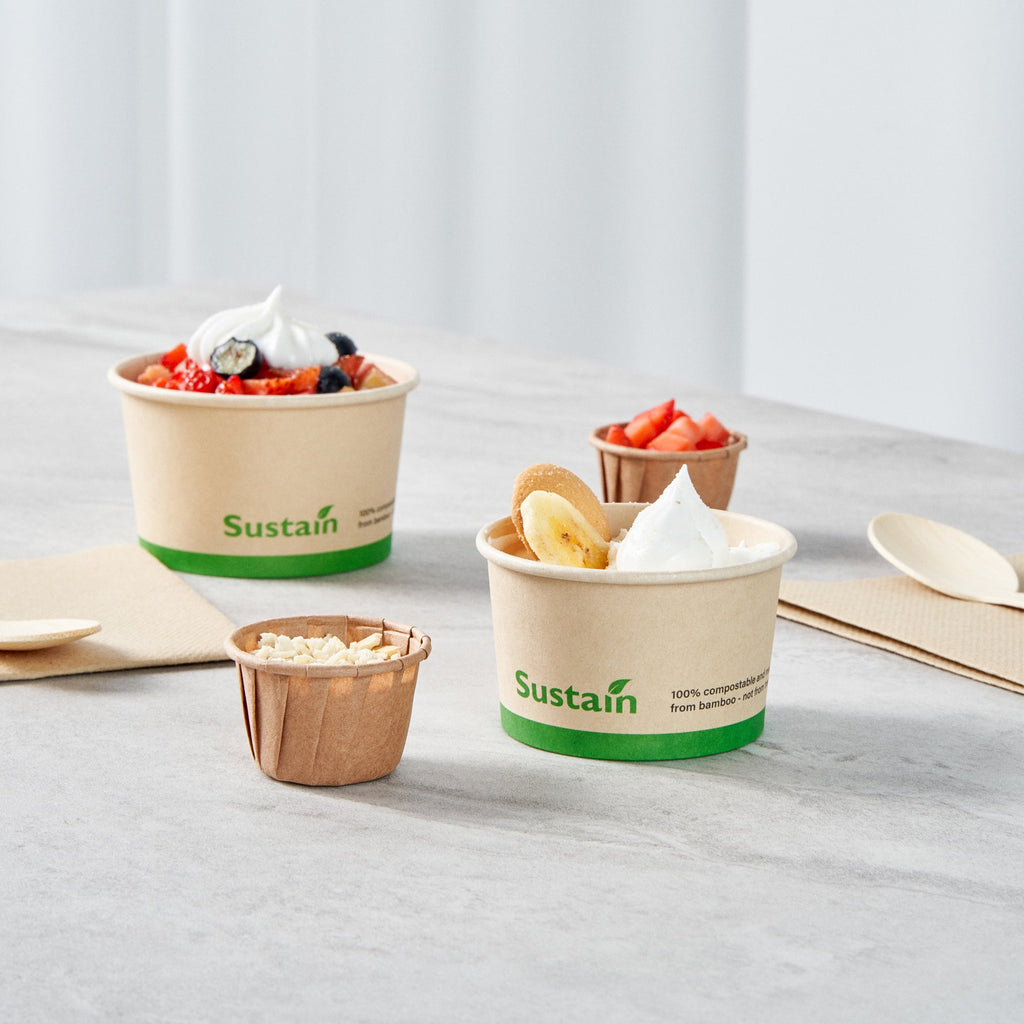 Sustain 3 oz Round Bamboo Paper To Go Cup - with PLA Lining, Compostable - 3" x 3" x 1 3/4" - 50 count box