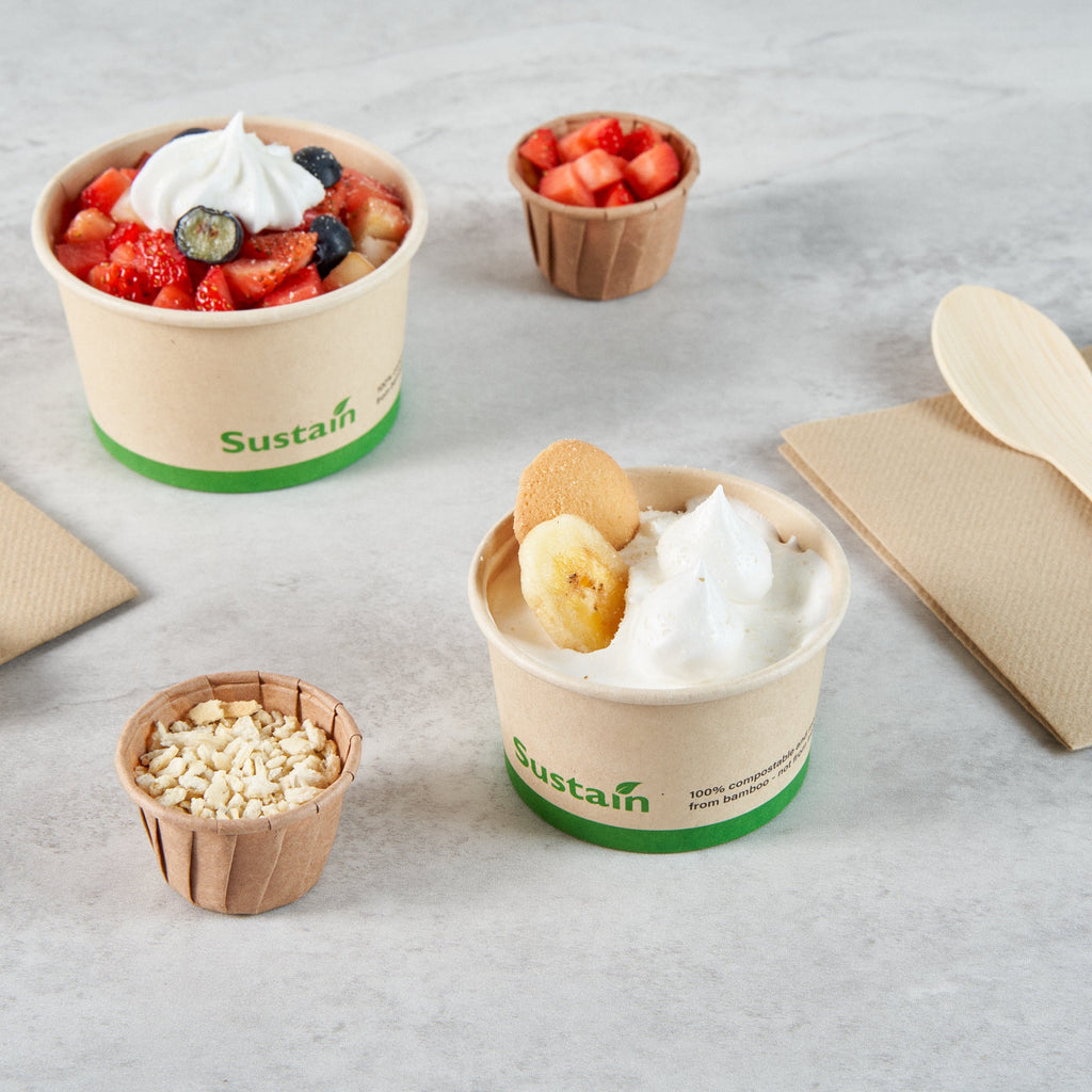 Sustain 3 oz Round Bamboo Paper To Go Cup - with PLA Lining, Compostable - 3" x 3" x 1 3/4" - 50 count box