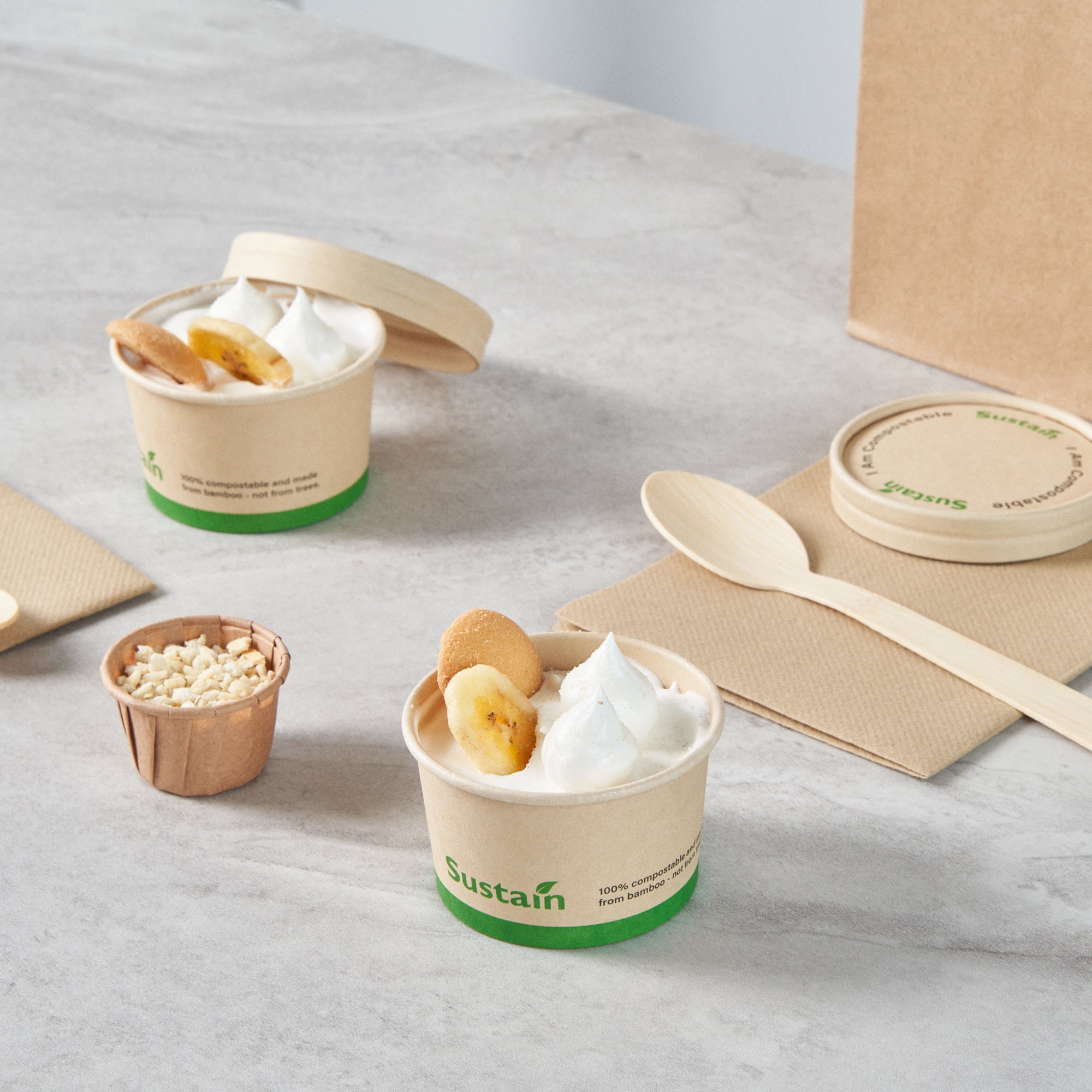 Sustain 3 oz Round Bamboo Paper To Go Cup - with PLA Lining, Compostable - 3" x 3" x 1 3/4" - 50 count box