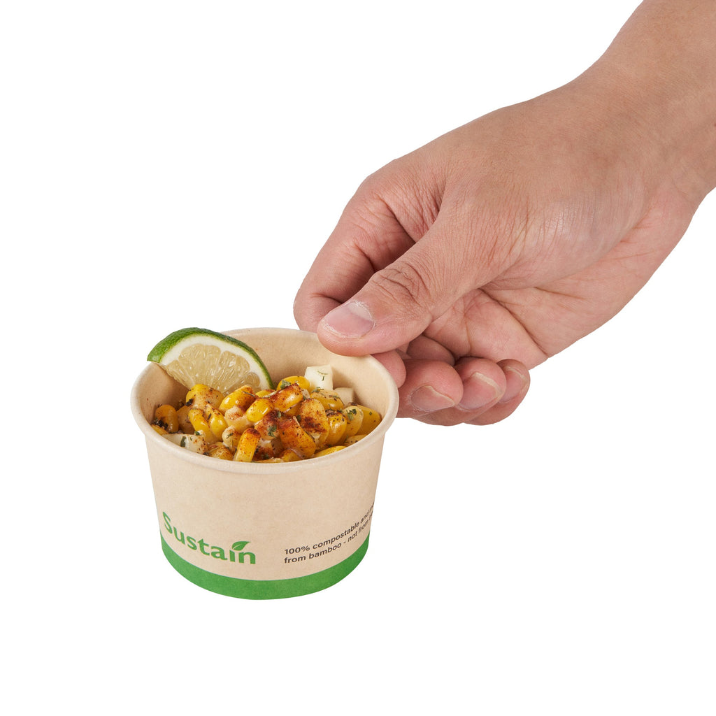 Sustain 4 oz Round Bamboo Paper To Go Cup - with PLA Lining, Compostable - 3" x 3" x 2 1/2" - 50 count box