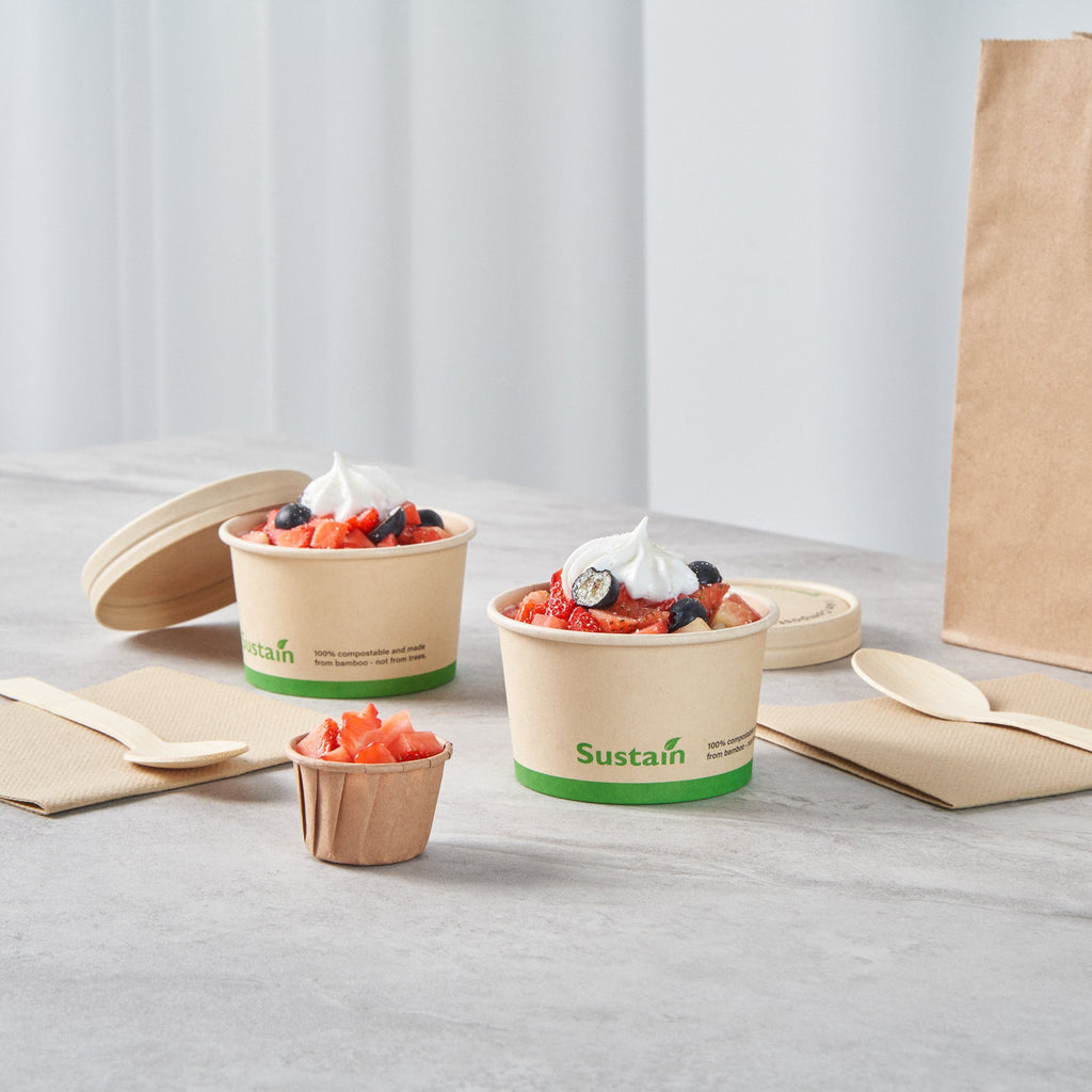 Sustain 5 oz Round Bamboo Paper To Go Cup - with PLA Lining, Compostable - 3 1/4" x 3 1/4" x 2" - 50 count box