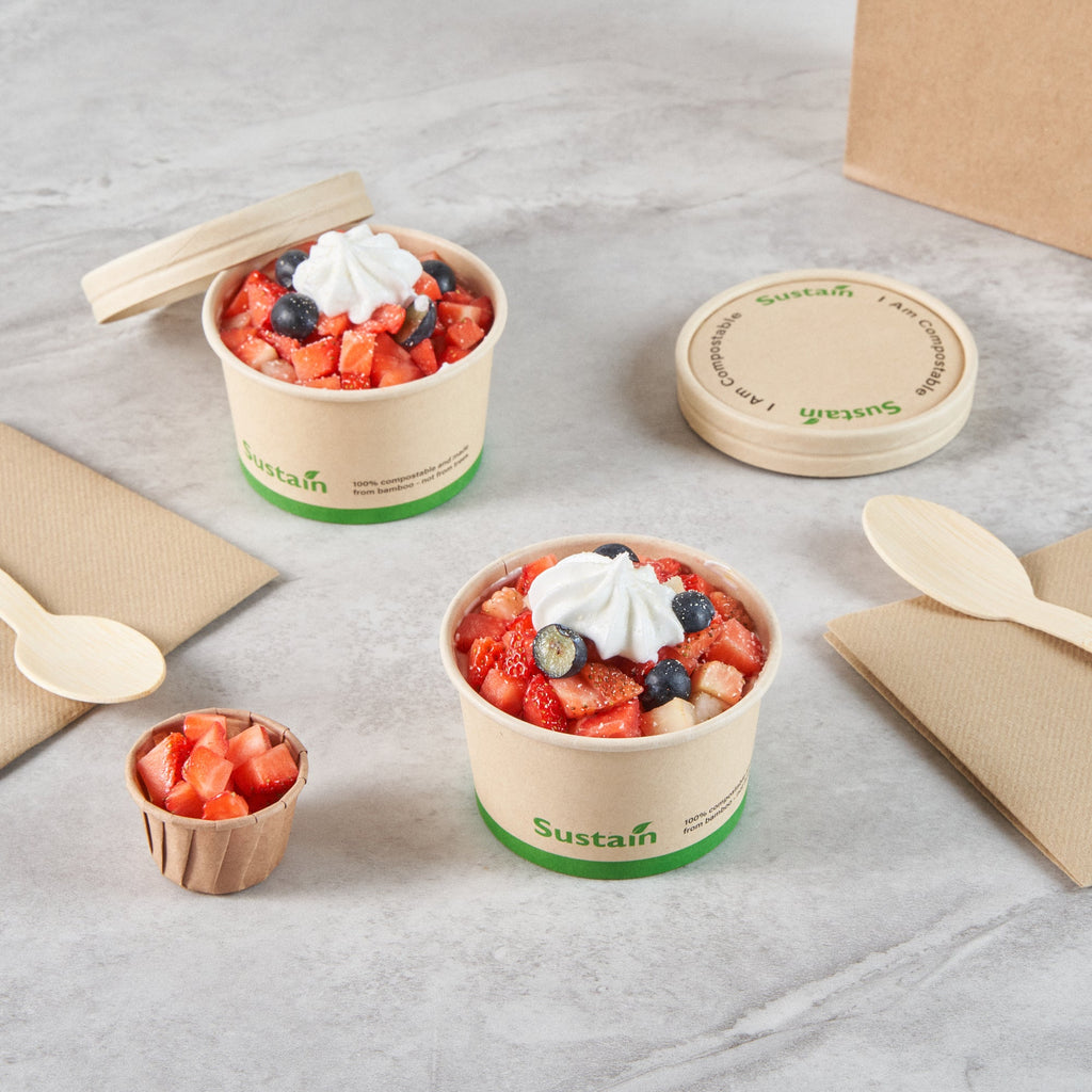 Sustain 5 oz Round Bamboo Paper To Go Cup - with PLA Lining, Compostable - 3 1/4" x 3 1/4" x 2" - 200 count box
