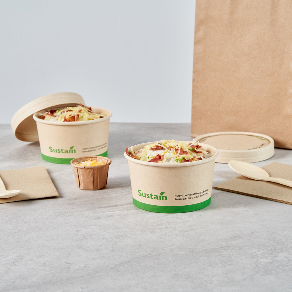 Sustain 8 oz Round Bamboo Paper To Go Cup - with PLA Lining, Compostable - 3 3/4" x 3 3/4" x 2 1/4" - 200 count box