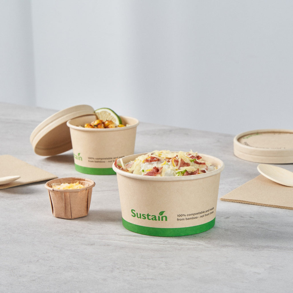 Sustain 8 oz Round Bamboo Paper To Go Cup - with PLA Lining, Compostable - 3 3/4" x 3 3/4" x 2 1/4" - 200 count box