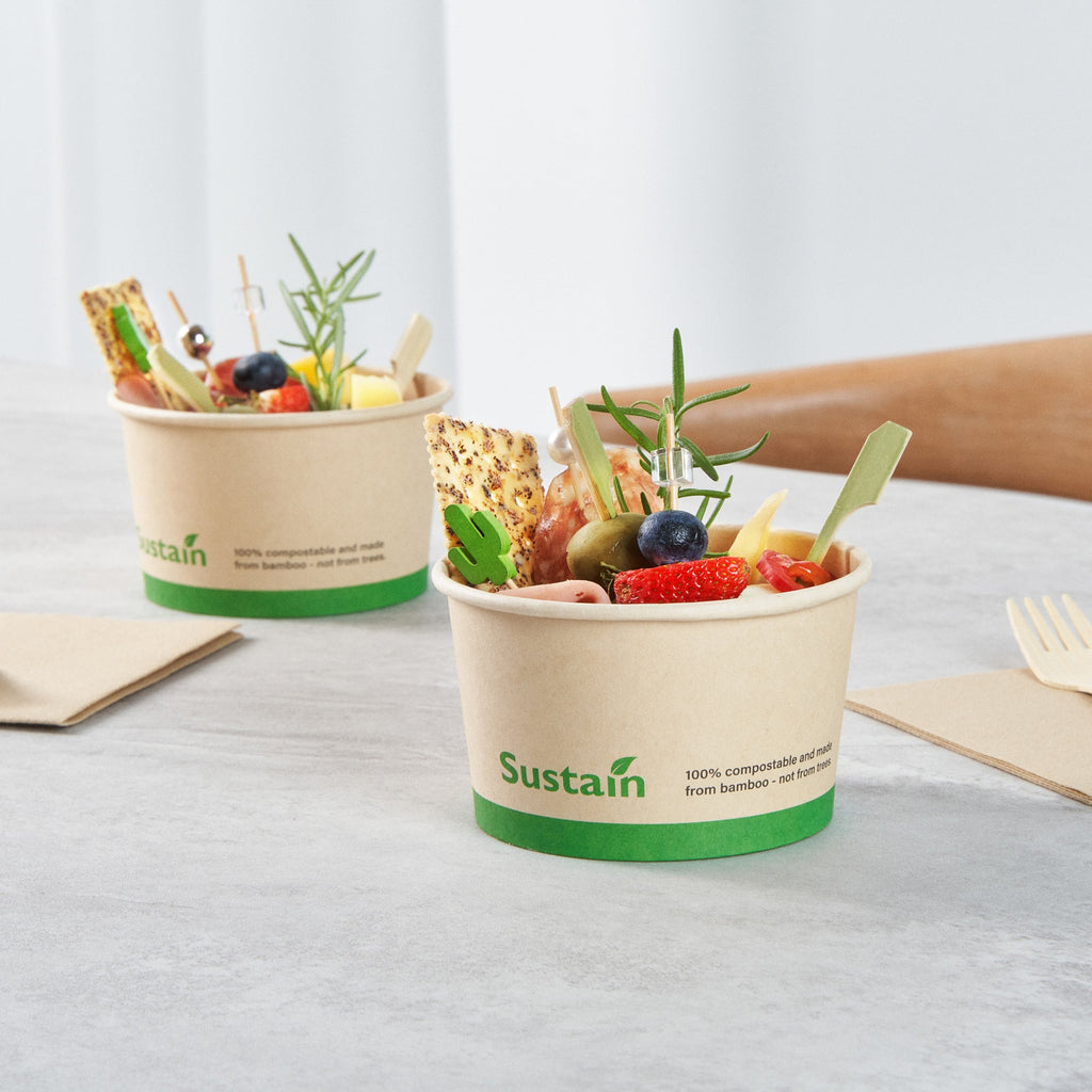 Sustain 12 oz Round Bamboo Paper To Go Cup - with PLA Lining, Compostable - 4" x 4" x 2 1/4" - 50 count box