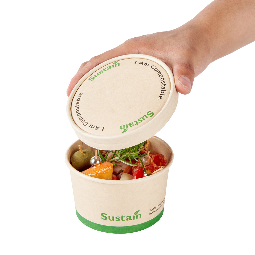 Sustain Round Bamboo Paper To Go Cup Lid - with PLA Lining, Fits 12 oz - 50 count box