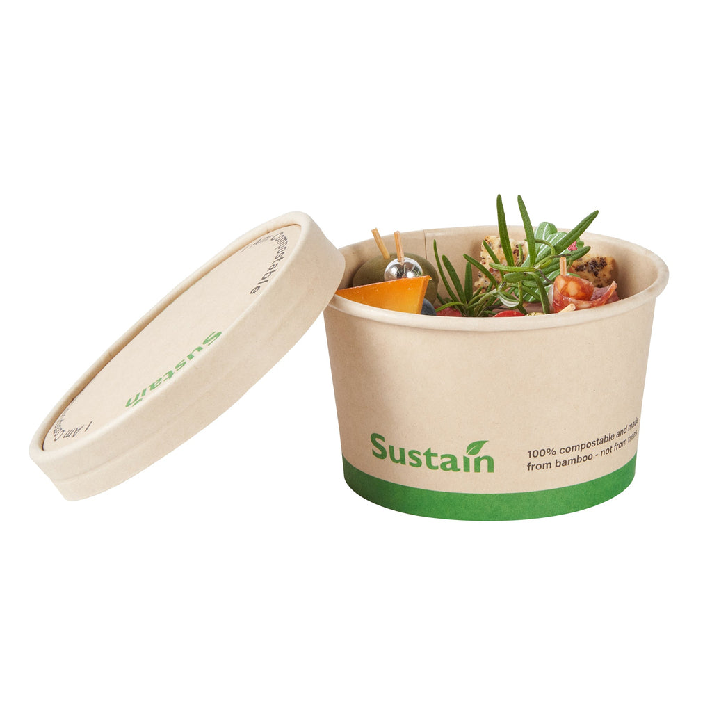 Sustain Round Bamboo Paper To Go Cup Lid - with PLA Lining, Fits 12 oz - 50 count box