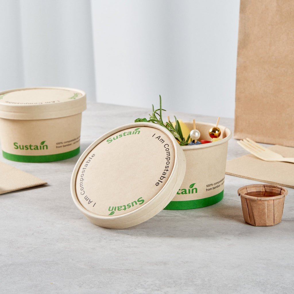 Sustain Round Bamboo Paper To Go Cup Lid - with PLA Lining, Fits 12 oz - 200 count box