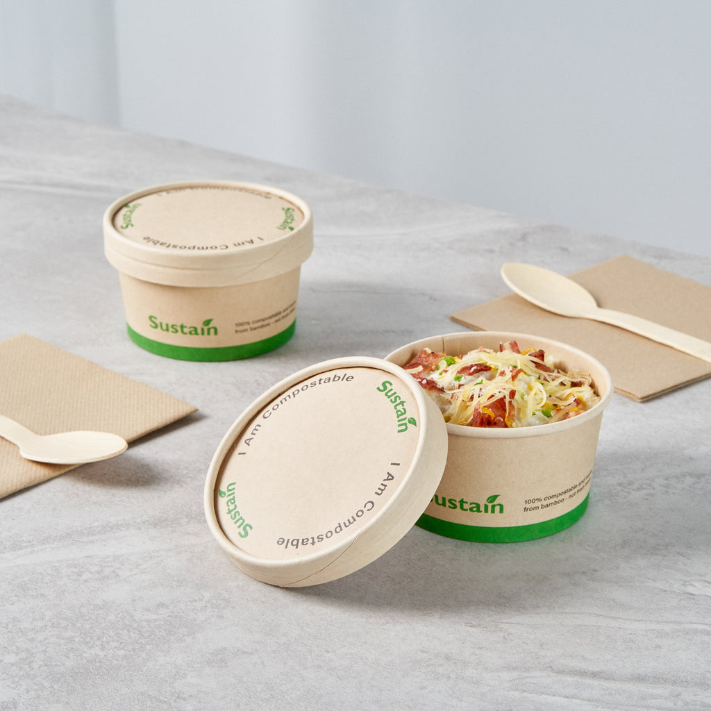 Sustain Round Bamboo Paper To Go Cup Lid - with PLA Lining, Fits 8 oz - 50 count box