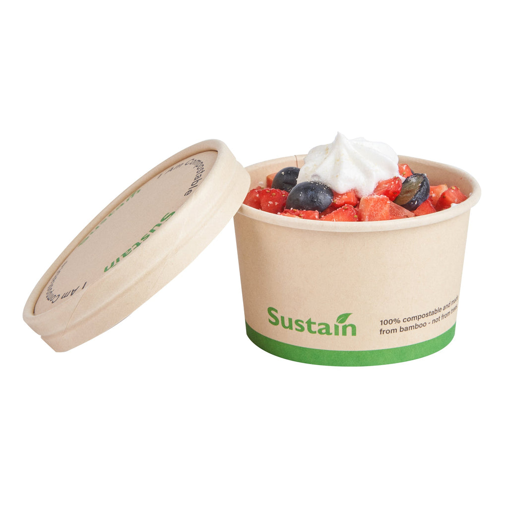 Sustain Round Bamboo Paper To Go Cup Lid - with PLA Lining, Fits 5 oz - 50 count box