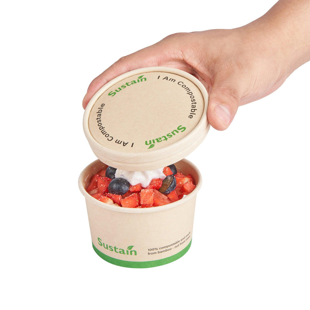 Sustain Round Bamboo Paper To Go Cup Lid - with PLA Lining, Fits 5 oz - 200 count box