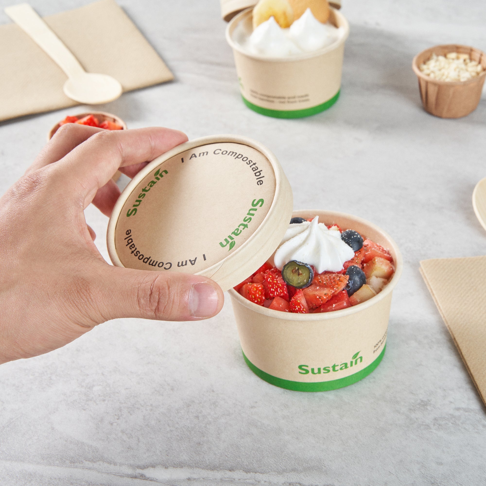 Sustain Round Bamboo Paper To Go Cup Lid - with PLA Lining, Fits 5 oz - 200 count box
