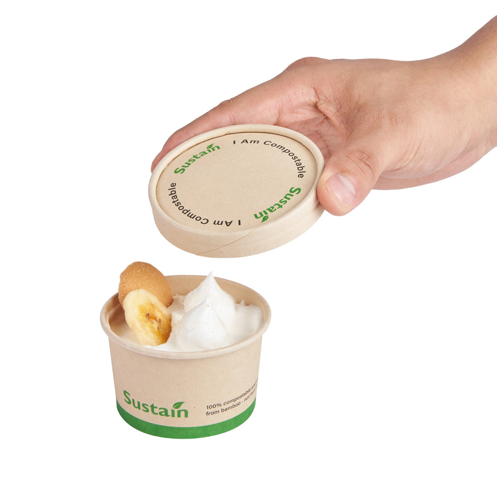 Sustain Round Bamboo Paper To Go Cup Lid - with PLA Lining, Fits 3 and 4 oz - 200 count box