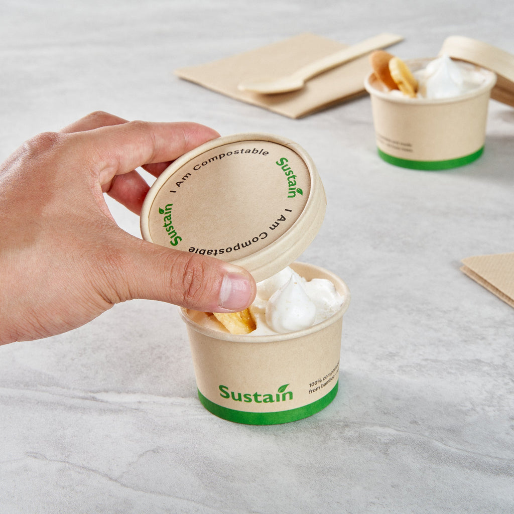 Sustain Round Bamboo Paper To Go Cup Lid - with PLA Lining, Fits 3 and 4 oz - 200 count box