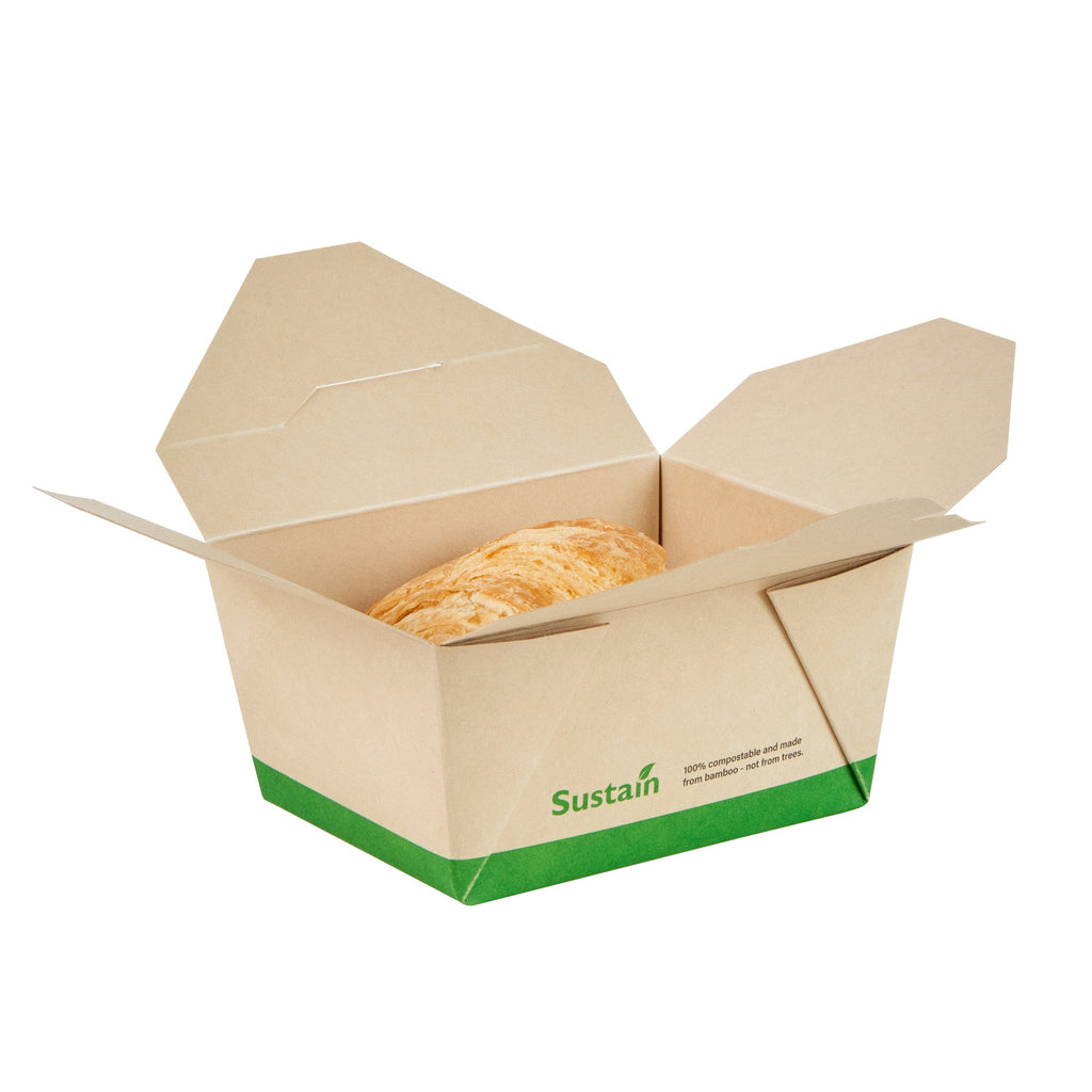 Sustain 30 oz Rectangle Bamboo Paper #1 Bio Box Take Out Container - with PLA Lining, Compostable - 5" x 4" x 2 1/2" - 50 count box