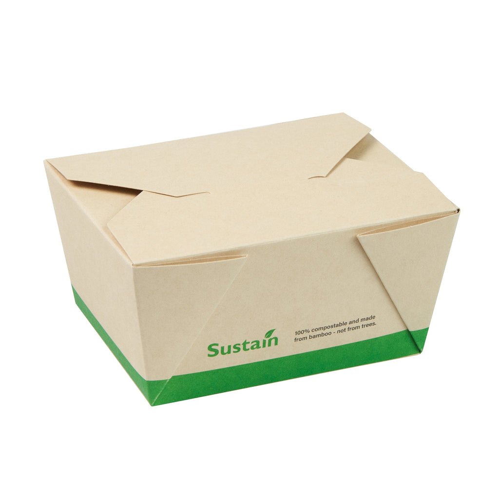 Sustain 30 oz Rectangle Bamboo Paper #1 Bio Box Take Out Container - with PLA Lining, Compostable - 5" x 4" x 2 1/2" - 50 count box