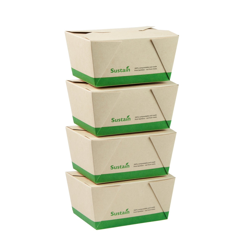 Sustain 30 oz Rectangle Bamboo Paper #1 Bio Box Take Out Container - with PLA Lining, Compostable - 5" x 4" x 2 1/2" - 50 count box