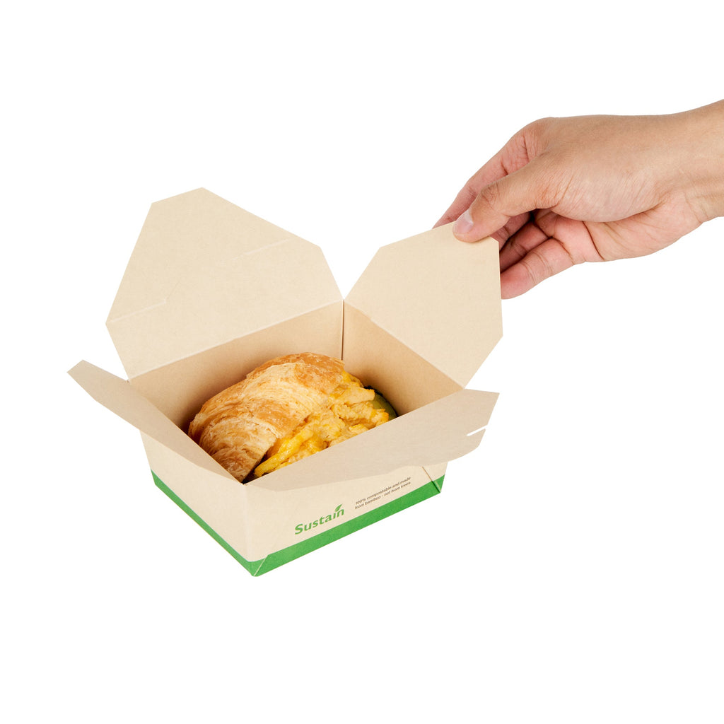Sustain 30 oz Rectangle Bamboo Paper #1 Bio Box Take Out Container - with PLA Lining, Compostable - 5" x 4" x 2 1/2" - 200 count box