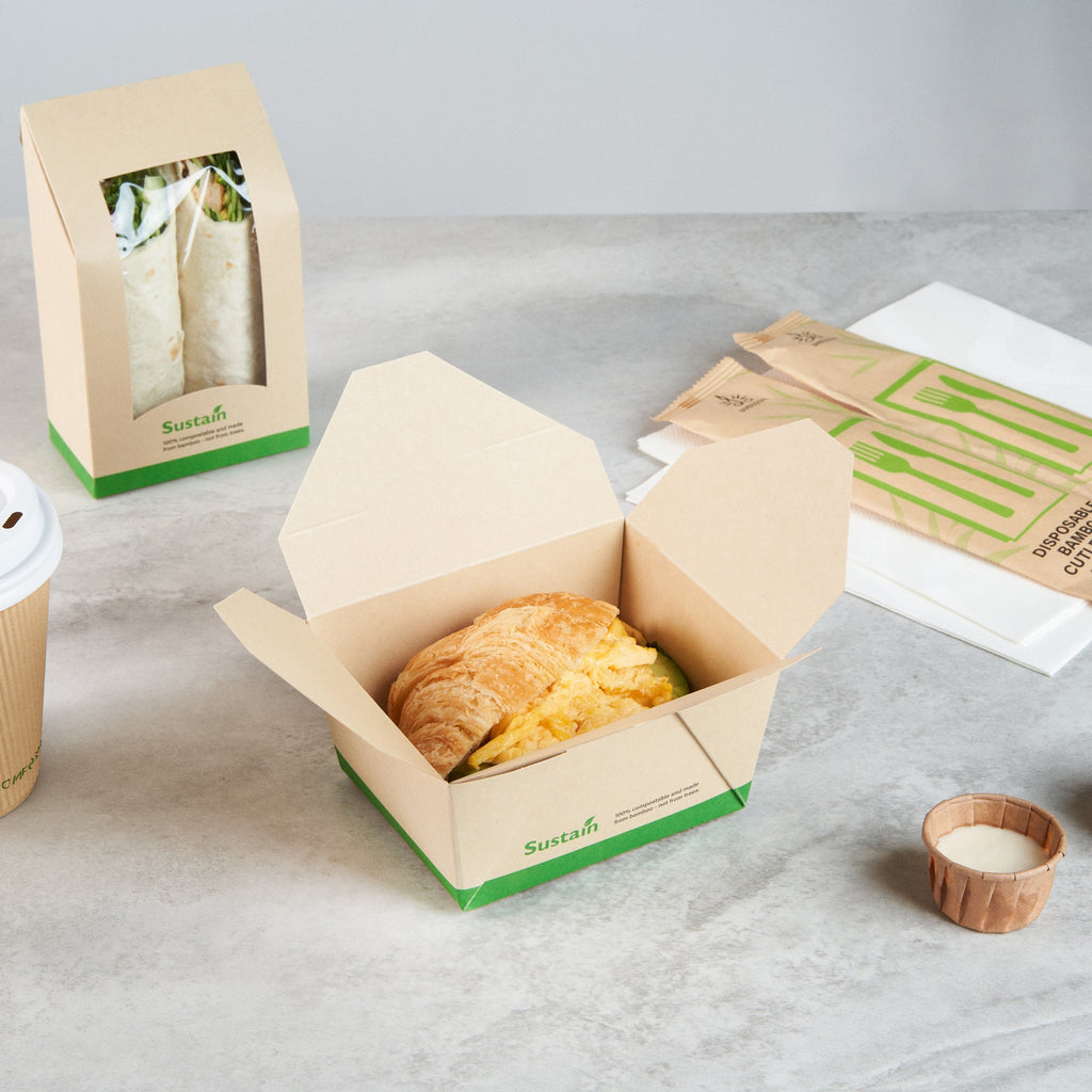 Sustain 30 oz Rectangle Bamboo Paper #1 Bio Box Take Out Container - with PLA Lining, Compostable - 5" x 4" x 2 1/2" - 200 count box