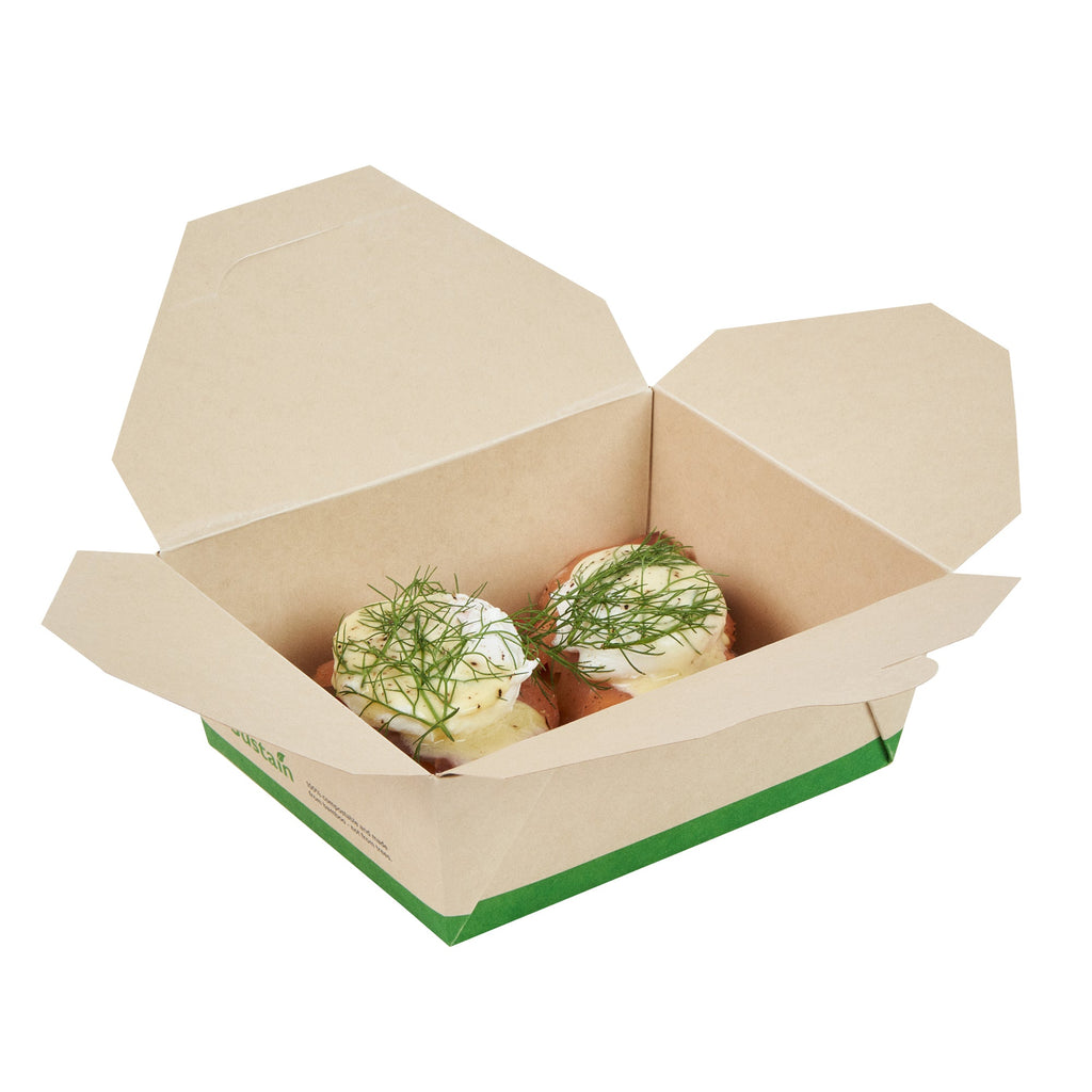 Sustain 45 oz Rectangle Bamboo Paper #8 Bio Box Take Out Container - with PLA Lining, Compostable - 6 3/4" x 5 1/2" x 2 1/2" - 50 count box