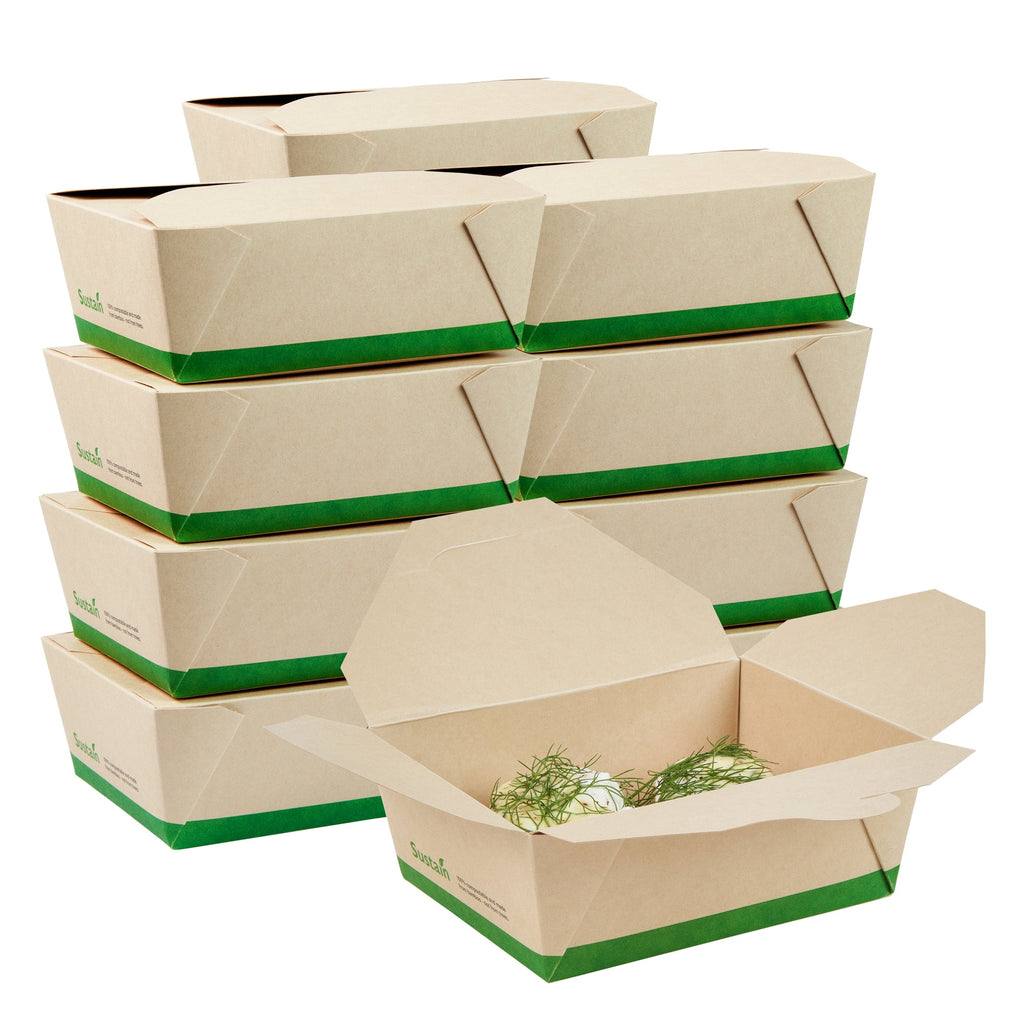 Sustain 45 oz Rectangle Bamboo Paper #8 Bio Box Take Out Container - with PLA Lining, Compostable - 6 3/4" x 5 1/2" x 2 1/2" - 50 count box