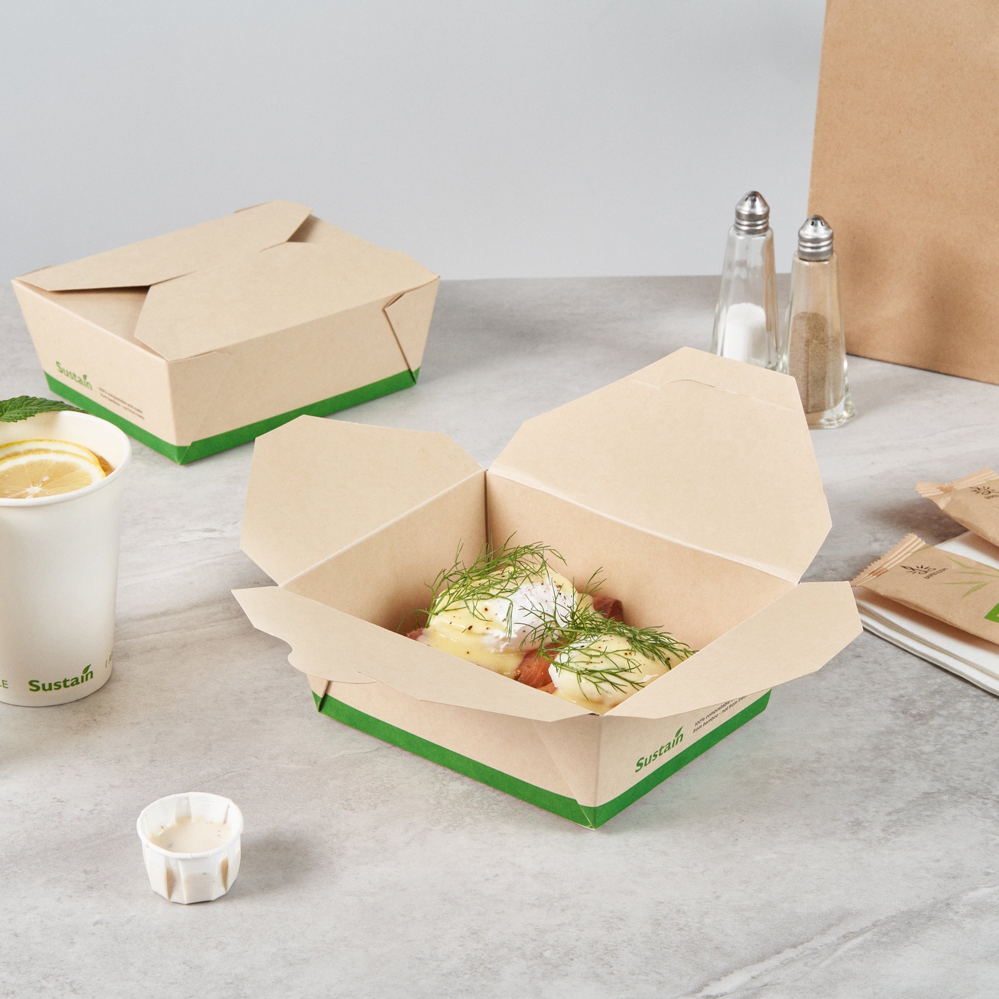 Sustain 45 oz Rectangle Bamboo Paper #8 Bio Box Take Out Container - with PLA Lining, Compostable - 6 3/4" x 5 1/2" x 2 1/2" - 50 count box