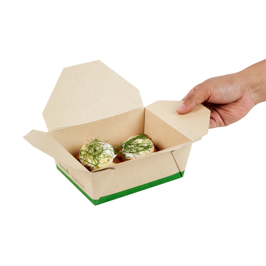 Sustain 45 oz Rectangle Bamboo Paper #8 Bio Box Take Out Container - with PLA Lining, Compostable - 6 3/4" x 5 1/2" x 2 1/2" - 50 count box