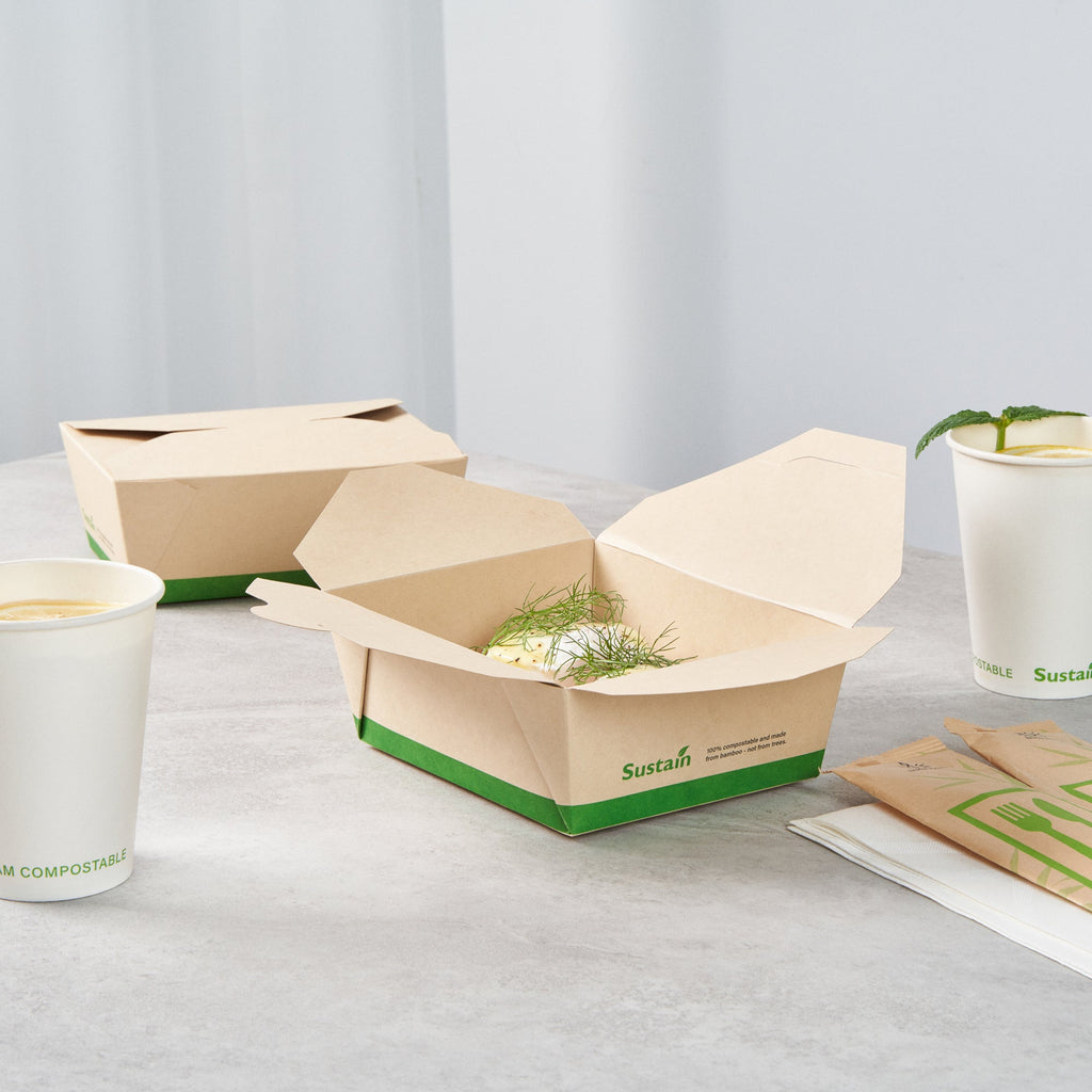 Sustain 45 oz Rectangle Bamboo Paper #8 Bio Box Take Out Container - with PLA Lining, Compostable - 6 3/4" x 5 1/2" x 2 1/2" - 200 count box