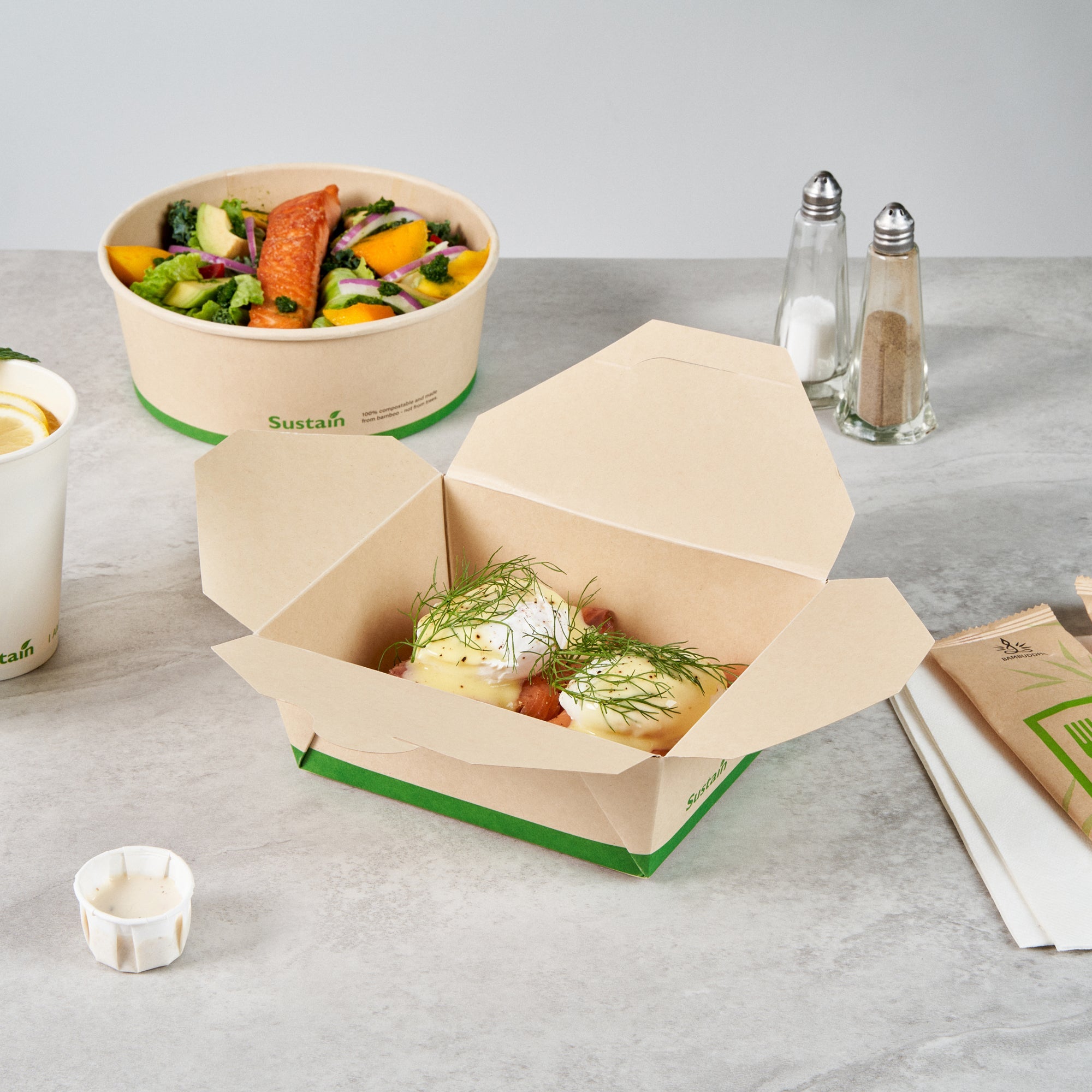 Sustain 45 oz Rectangle Bamboo Paper #8 Bio Box Take Out Container - with PLA Lining, Compostable - 6 3/4" x 5 1/2" x 2 1/2" - 200 count box